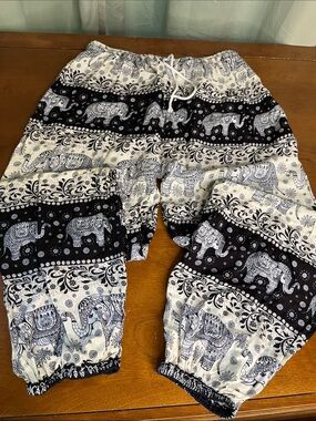 Blue Black & White Elephant Print Harem Pants with Elastic and Tie Waist XL